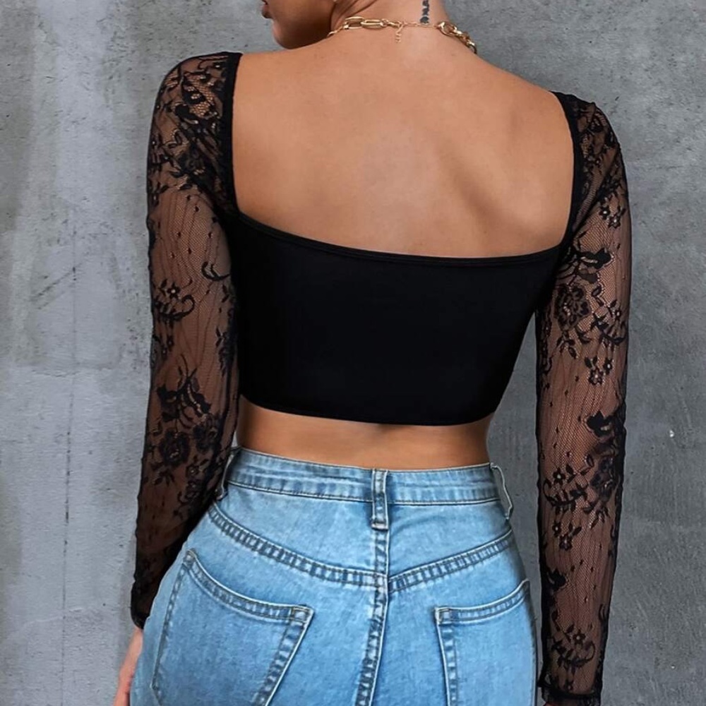 Black Floral Sheer Eyelash Lace Sleeve Crop Top - Picture 4 of 4